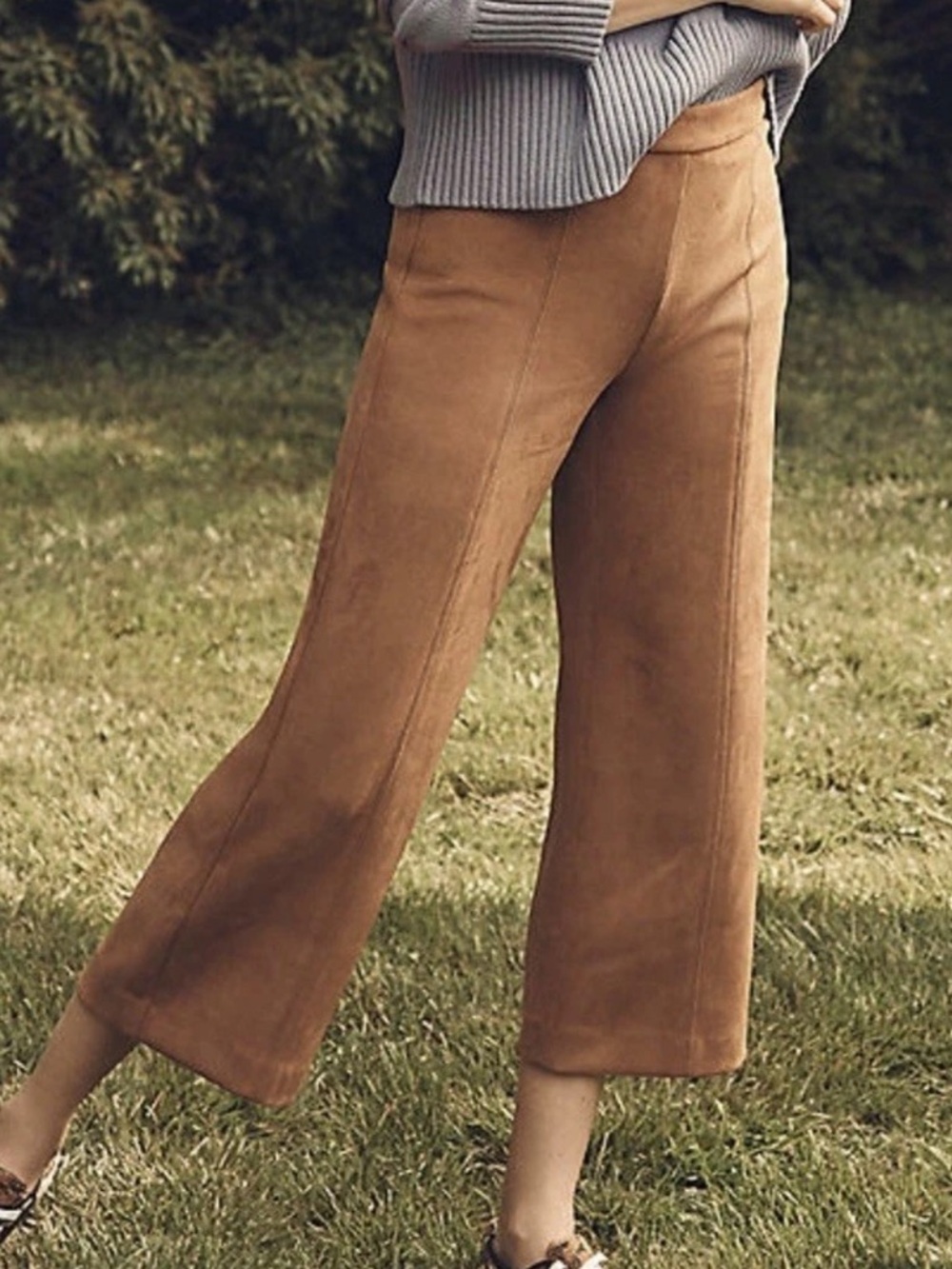 Ann Taylor Wide-Leg Faux Suede Cropped Pants in Camel Brown